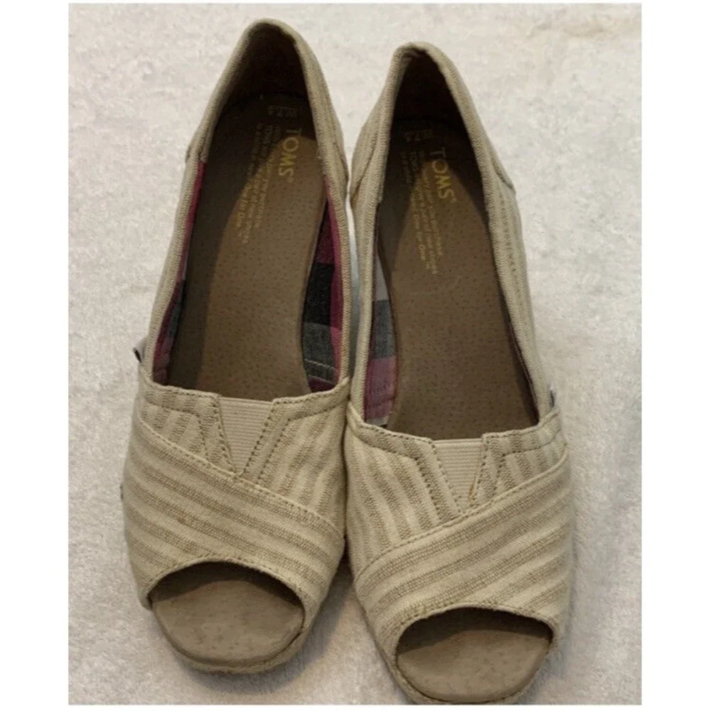 Toms Espadrilles Wedges Womens Size 7.5 Khaki Striped Open Toe